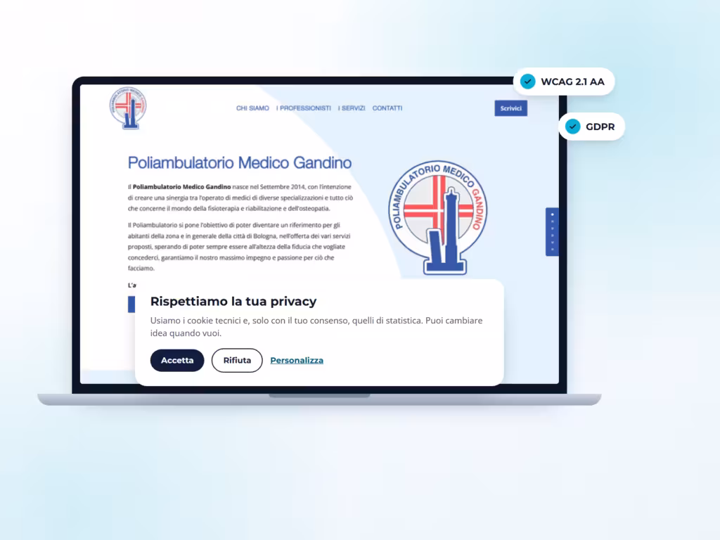 Adeguamento del sito web al GDPR: esempio di banner dei cookie con Accetta, Rifiuta e Personalizza