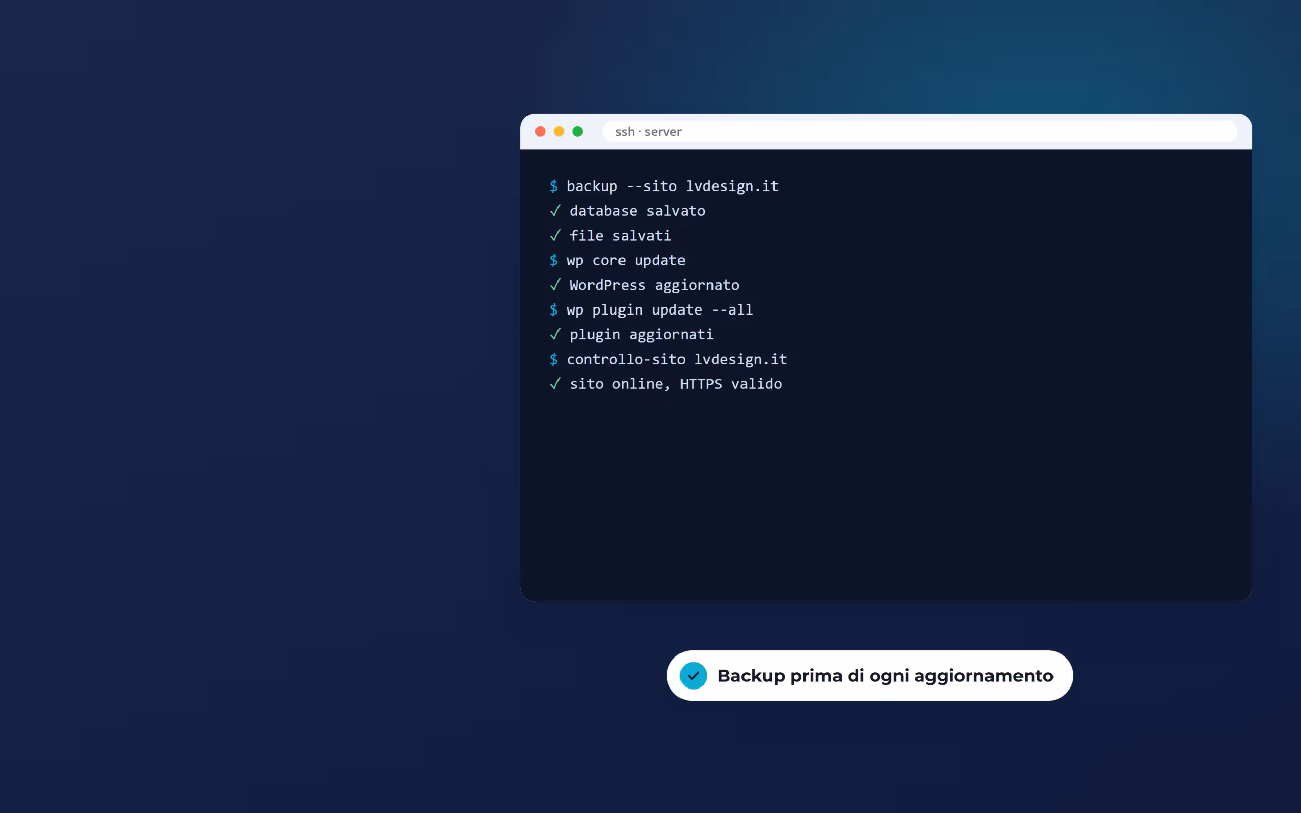 Terminale del server con backup del sito, aggiornamento di WordPress e dei plugin e controllo HTTPS