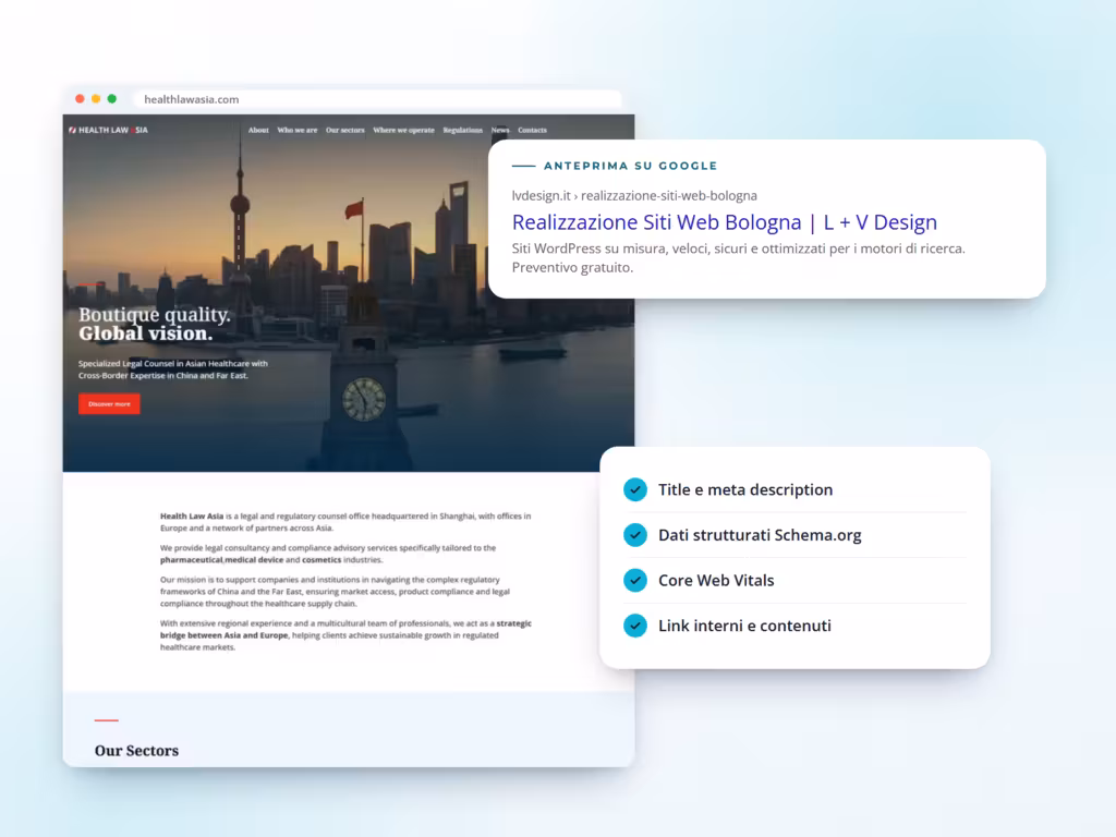 Ottimizzazione SEO CMS: anteprima del risultato su Google e controlli su title, dati strutturati e Core Web Vitals
